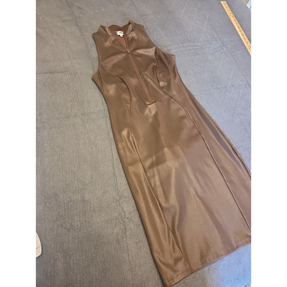 Popilush Small Brown Faux Leather Zip Front Sleeveless Bodycon Midi Dress S